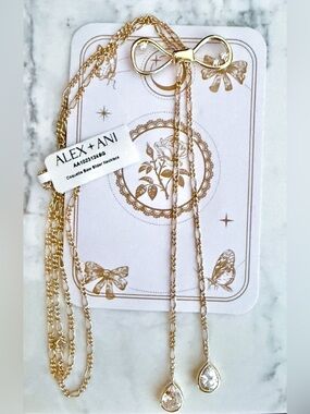Alex and Ani Coquette Slider Gold Bow Necklace with Crystal Teardrops & Accents
